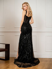Robe de bal longue noire à bretelles spaghetti et corset fendue