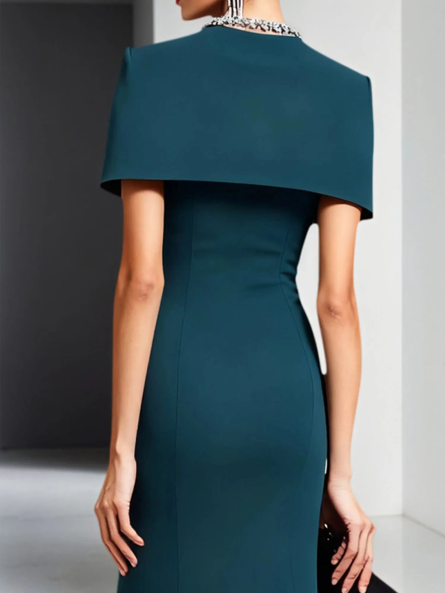 Formal Dress Mermaid Peacock Blue Crew Neck Cape Maxi Dress