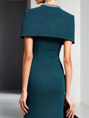 Formal Dress Mermaid Peacock Blue Crew Neck Cape Maxi Dress