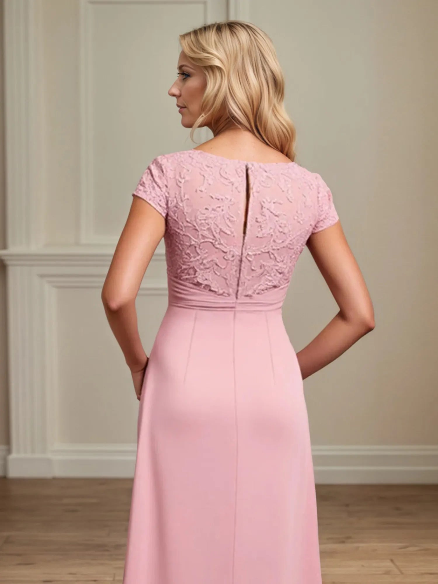 A Line Chiffon Scoop Ruched Mother of the Bride dress with Appliques