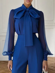 Women Royal Blue Mesh Bow Tie Neck Long Sleeve Dressy Jumpsuit