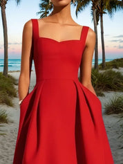 Red Pocket Stitching Classic Sweetheart Neckline Sleeveless A-Line Midi Dress