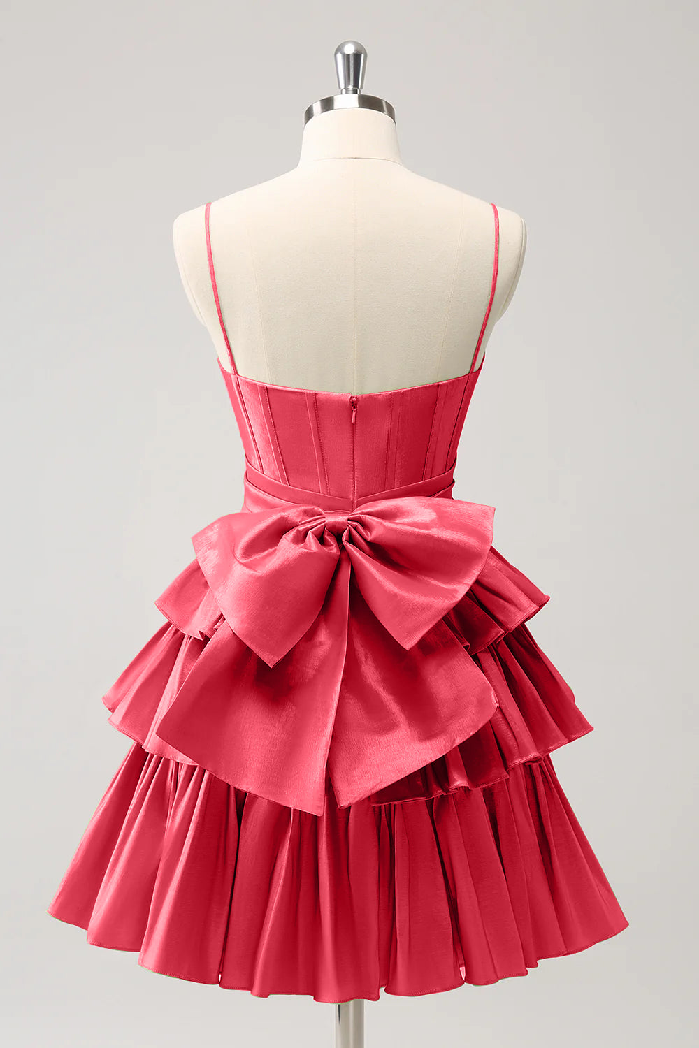 Hot Pink A Line Spaghetti Straps Corset Tiered Ruffle Homecoming Dress with Bow