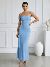 Light Blue Strapless Mermaid Tea Length Maxi Dress with Pleat