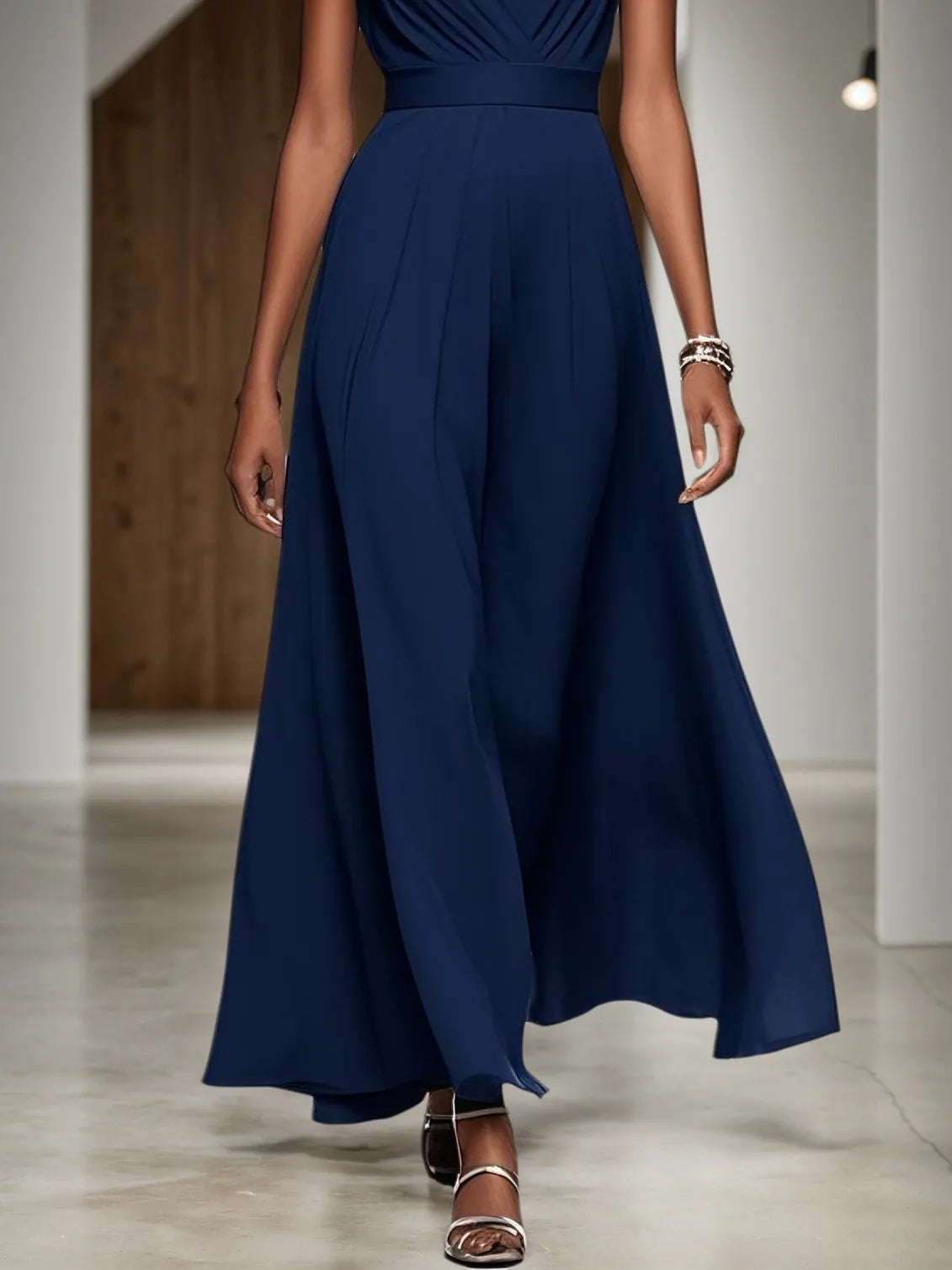 Navy Blue Classic V Neck Sleeveless A-Line Maxi Dress