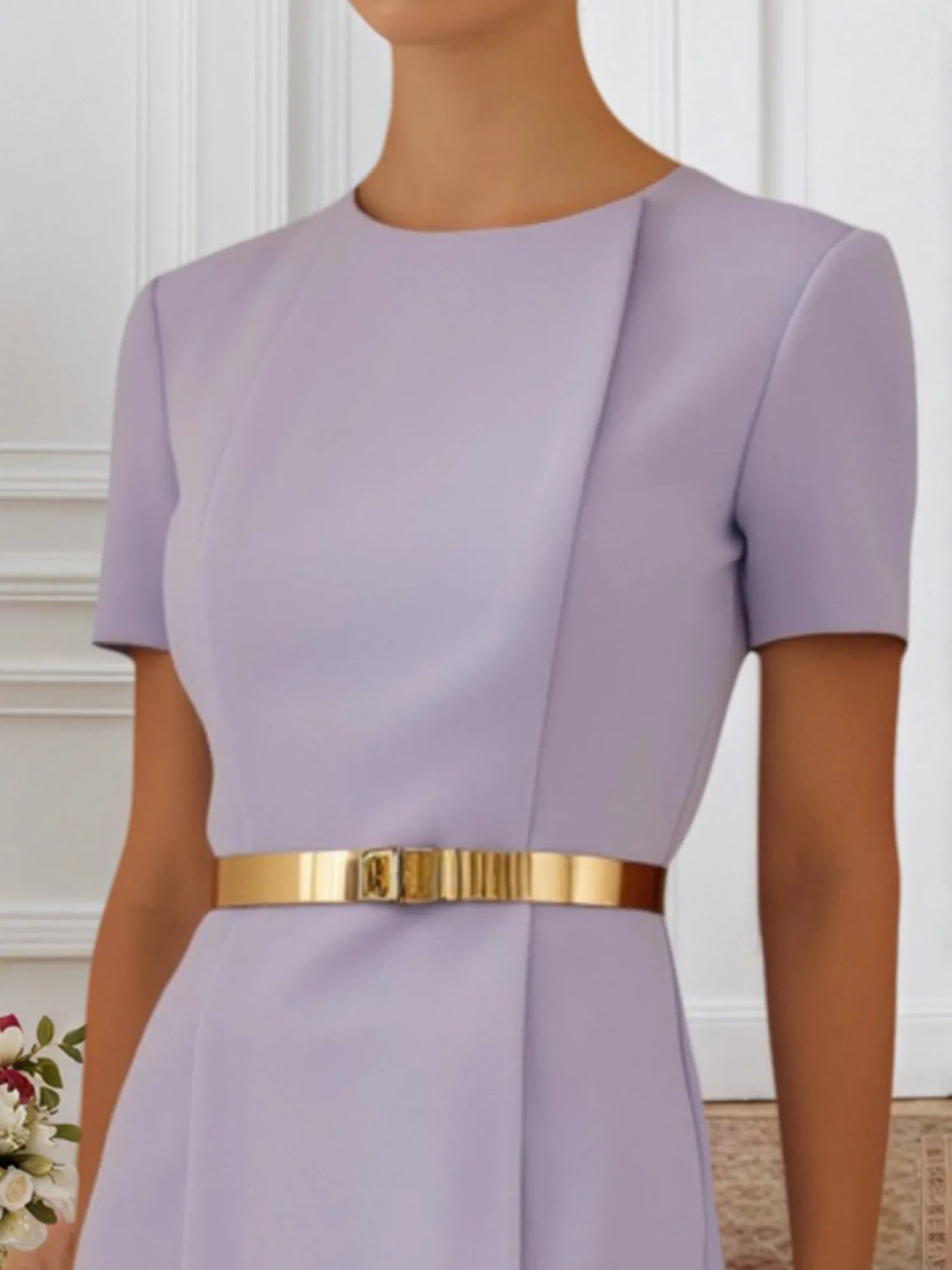 Work Dress Purple Crew Neck Belted Knee-Length Dress