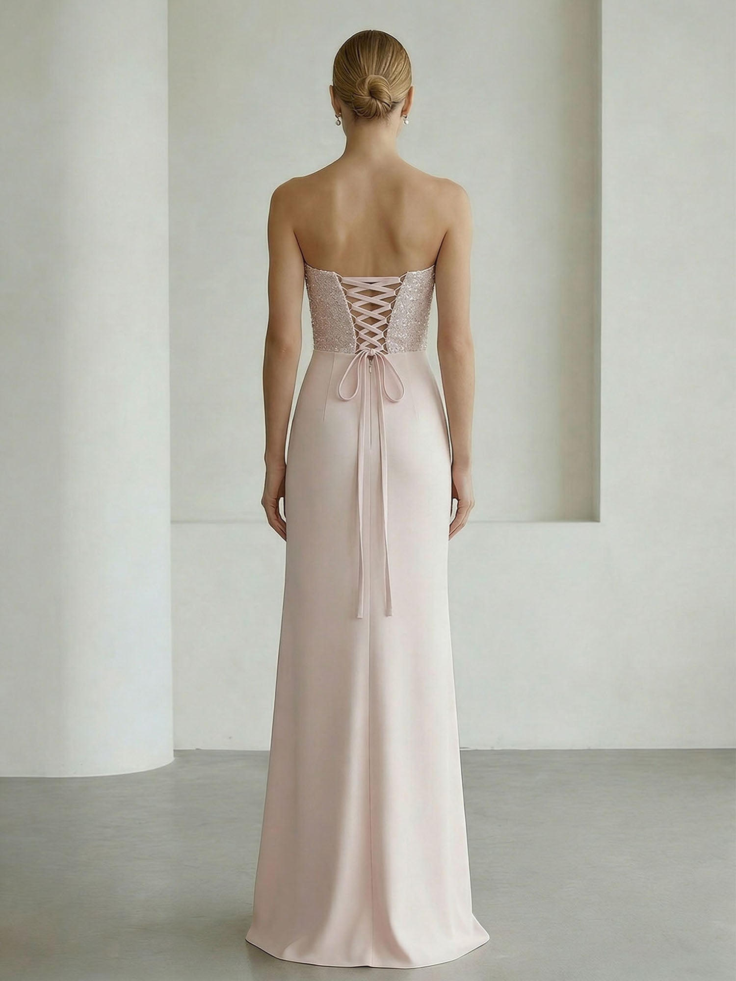 Glamorous Formal Evening Dress Soft Blush Beaded Strapless Slit Gown
