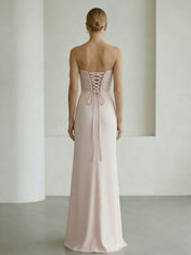 Glamorous Formal Evening Dress Soft Blush Beaded Strapless Slit Gown