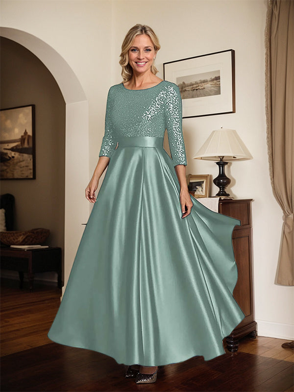 Sparkly Navy Scoop Neck Satin Mother of the Bride Dress with Sequins