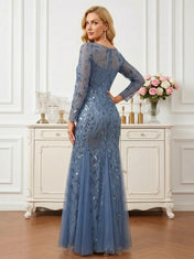 Sequin Leaf Embroidered Long Sleeve Mermaid Mother of the Bride Dress Maxi Dress