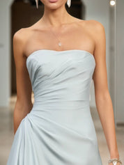 Formal Wedding Guest Dress Blue Strapless Sleeveless Maxi Satin Dress