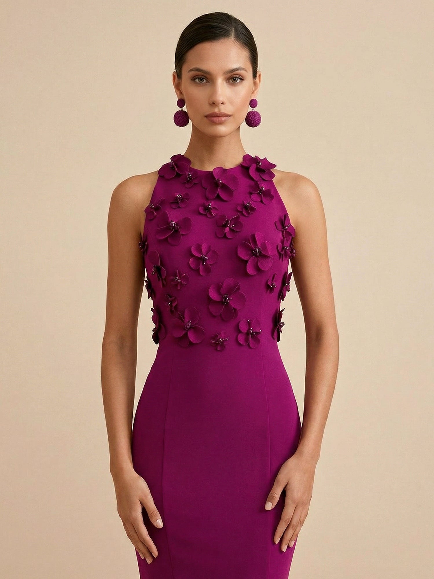 Deep Fuchsia Sleeveless High Neck 3D Floral Mermaid Formal Gown Evening Dress