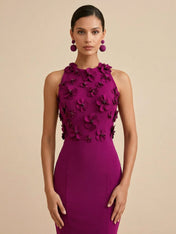 Deep Fuchsia Sleeveless High Neck 3D Floral Mermaid Formal Gown Evening Dress
