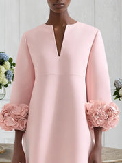 Pink 3D Floral Classic Notched Long Sleeve A-Line Midi Dress