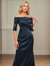 Sheath/Column Off the Shoulder Floor-Length Lace Stretch Satin Evening Dress With Pleated