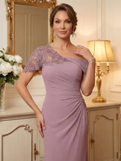 One-Shoulder Short Sleeve Floor-Length Chiffon Mother of the Bride Dress With Lace Appliqué