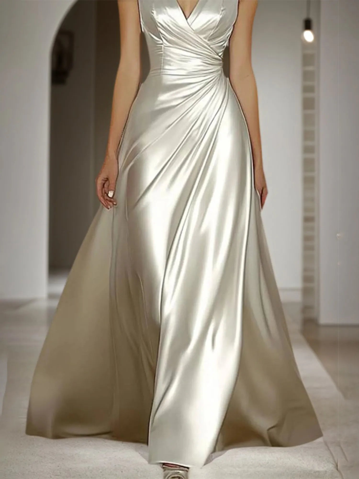 Evening Prom Satin Dress Off-White Sleeveless V-Neck Maxi Dress