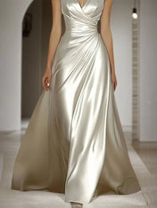 Evening Prom Satin Dress Off-White Sleeveless V-Neck Maxi Dress