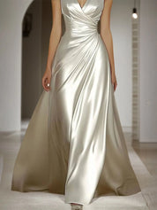 Evening Prom Satin Dress Off-White Sleeveless V-Neck Maxi Dress