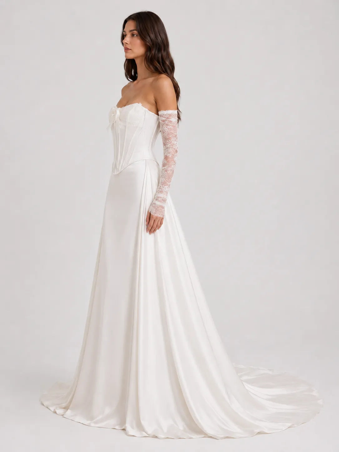 Strapless Corset Satin A-Line Wedding Dress with 3D Flower and Lace Sleeves