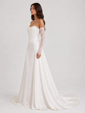 Strapless Corset Satin A-Line Wedding Dress with 3D Flower and Lace Sleeves