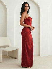 Red Strapless Satin Mermaid Pleat Maxi Dress with Slit
