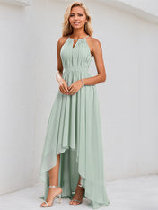 Agave Chiffon A Line Halter Neck Sleeveless Asymmetrical Bridesmaid Dress With Ruffle