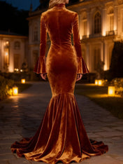 Brown Mermaid Long Ruffled Velvet Holiday Party Dress with Slit