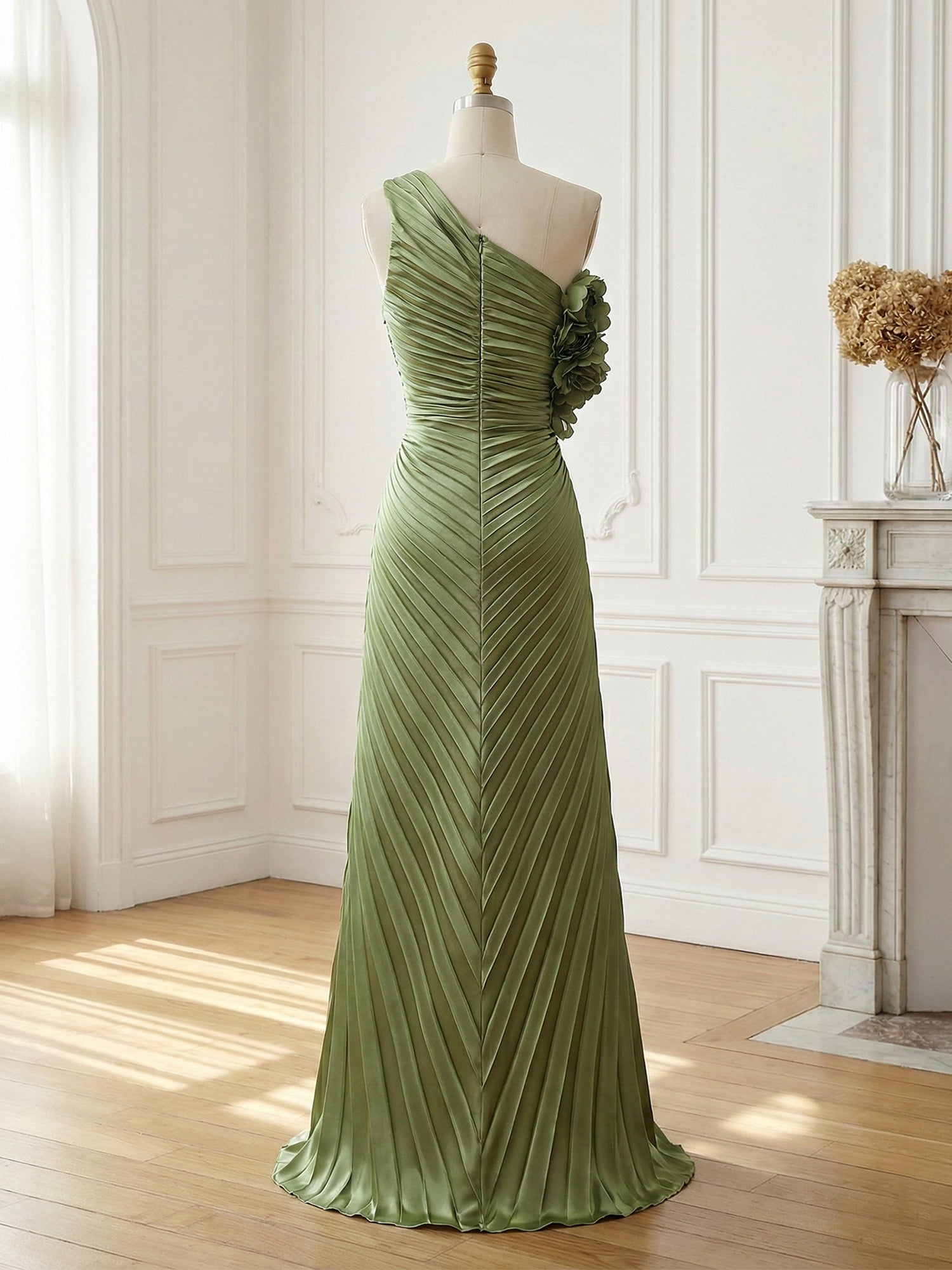 Olive Green Pleated One-Shoulder Prom Dress with 3D Rosettes