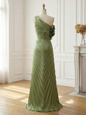 Olive Green Pleated One-Shoulder Prom Dress with 3D Rosettes