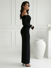 Black Long Sleeves Strapless Mermaid Satin Maxi Dress