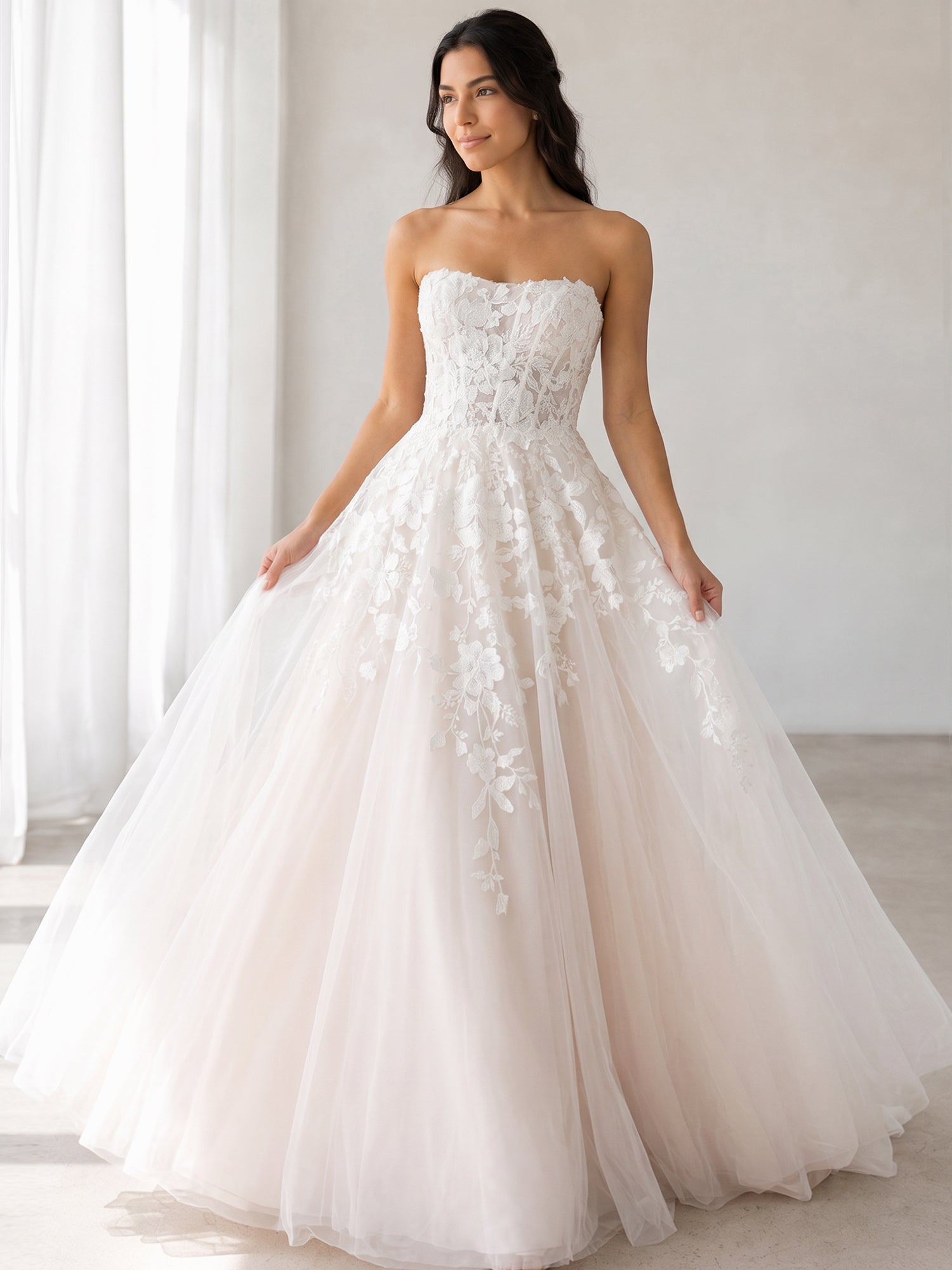 Elegant Strapless White Lace A-Line Wedding Dresses with Corset and Chapel Train