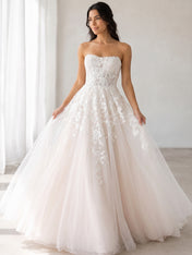 Elegant Strapless White Lace A-Line Wedding Dresses with Corset and Chapel Train