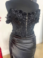 Black Mermaid Appliques Pleated Long Prom Dress with Slit