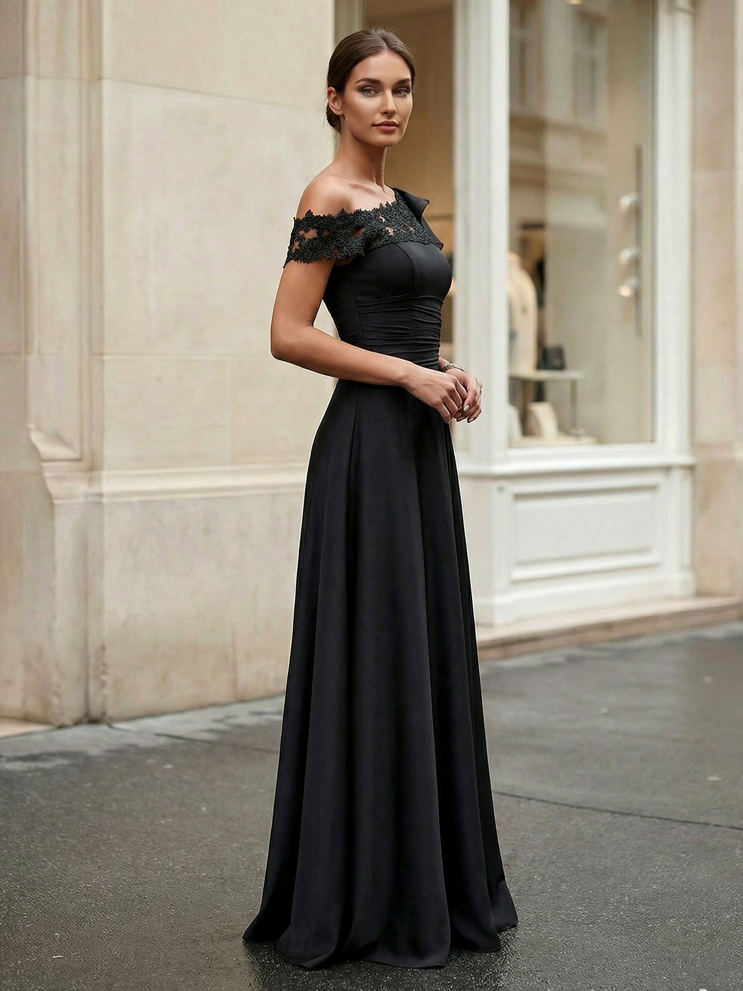 Black One Shoulder Applique Chiffon Evening Dress with Ruffle