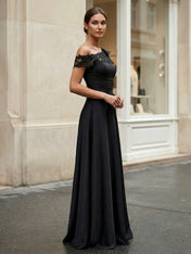 Black One Shoulder Applique Chiffon Evening Dress with Ruffle