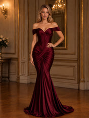 Burgundy Off-The-Shoulder Ruched Mermaid Floor-Length Gown Dress