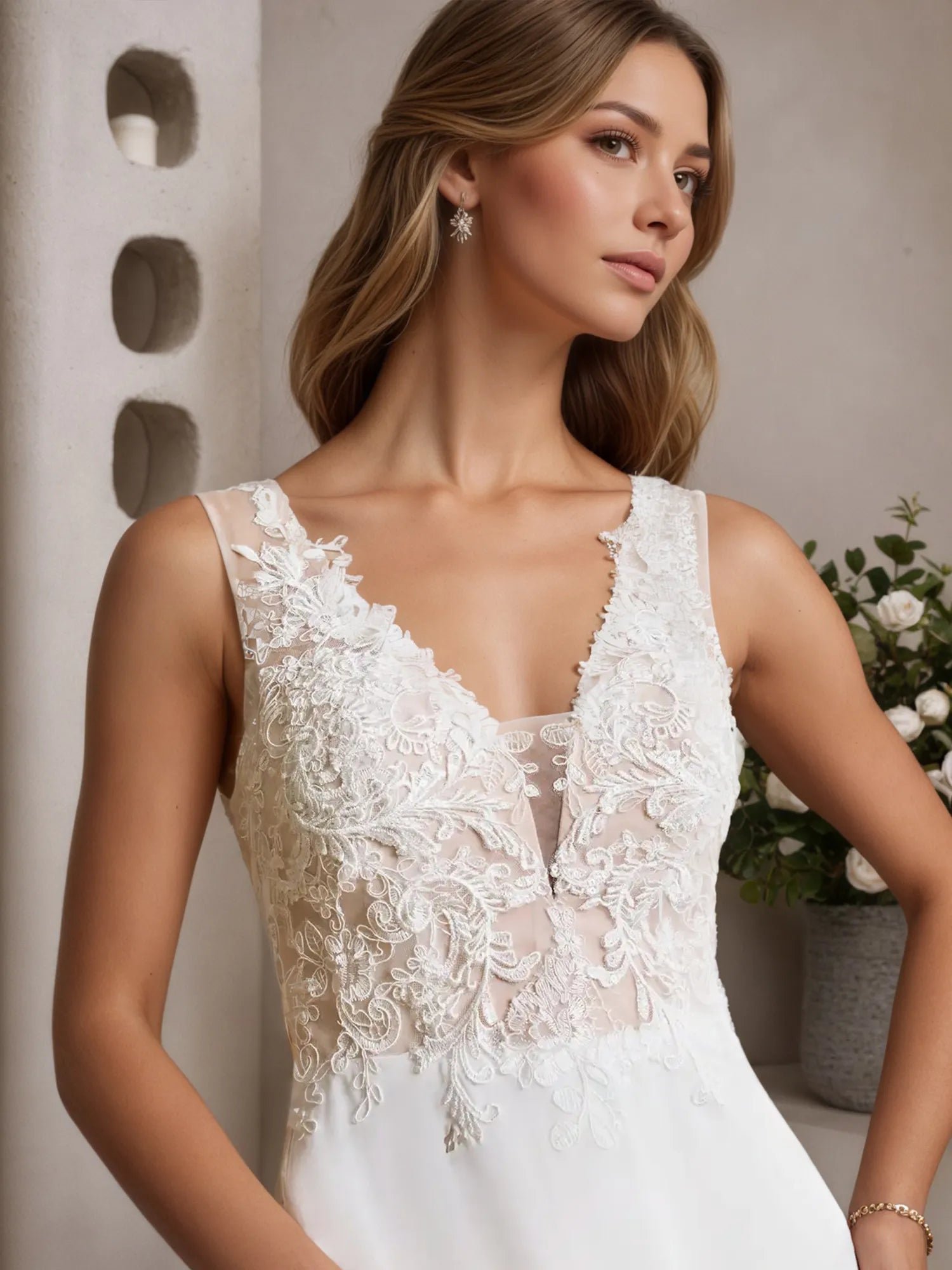 White A-Line Sleeveless Sequins Chiffon Wedding Dress