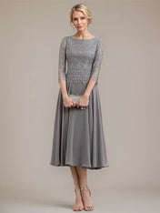 A-line Scoop Tea-Length Lace Chiffon Mother of the Bride Dress