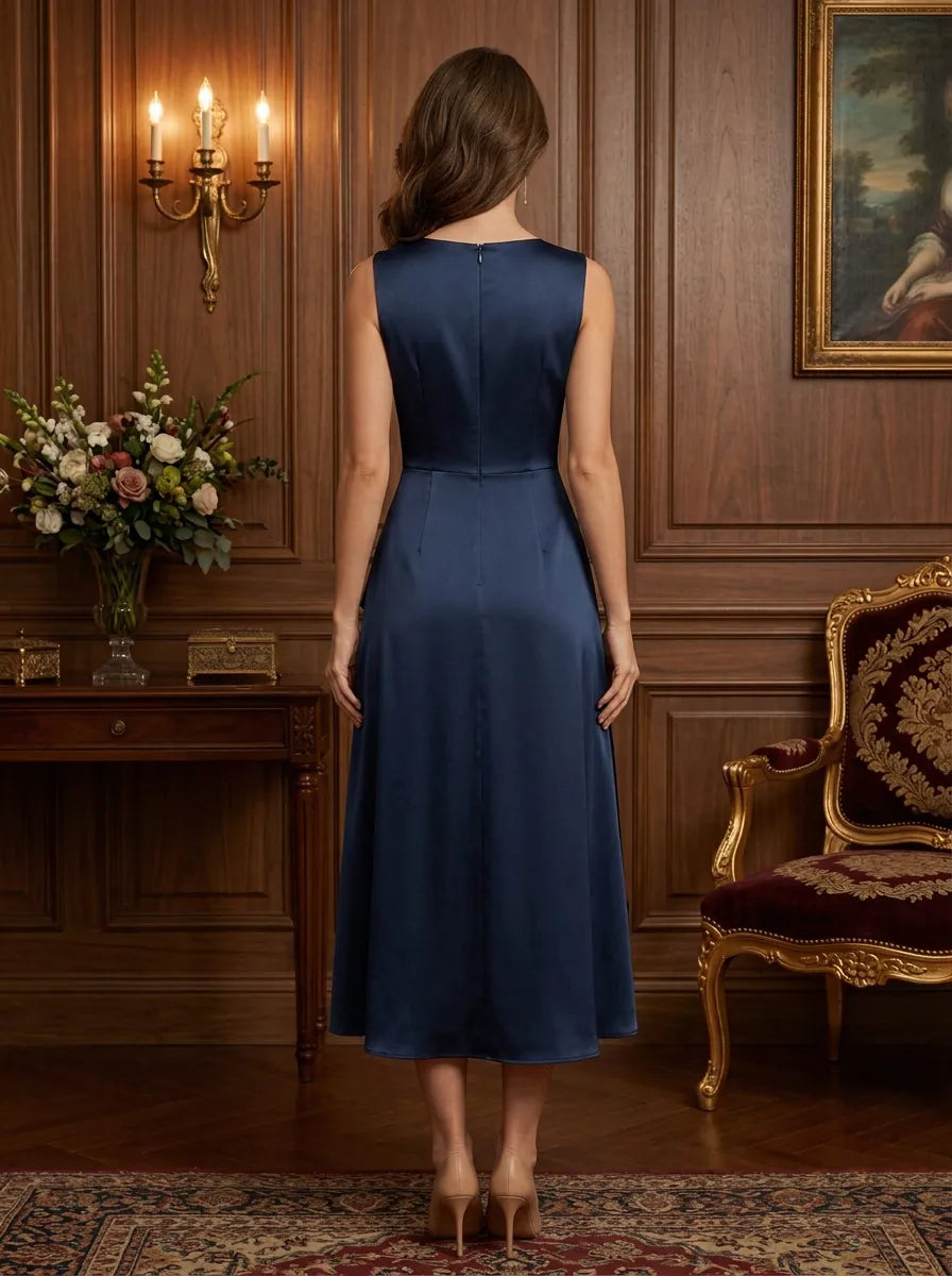 Elegant Sleeveless Satin A-Line Evening Dress with Illusion Mesh Neckline and Cascading Ruffle Skirt