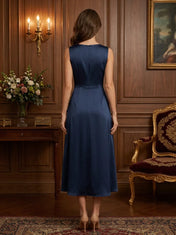 Elegant Sleeveless Satin A-Line Evening Dress with Illusion Mesh Neckline and Cascading Ruffle Skirt