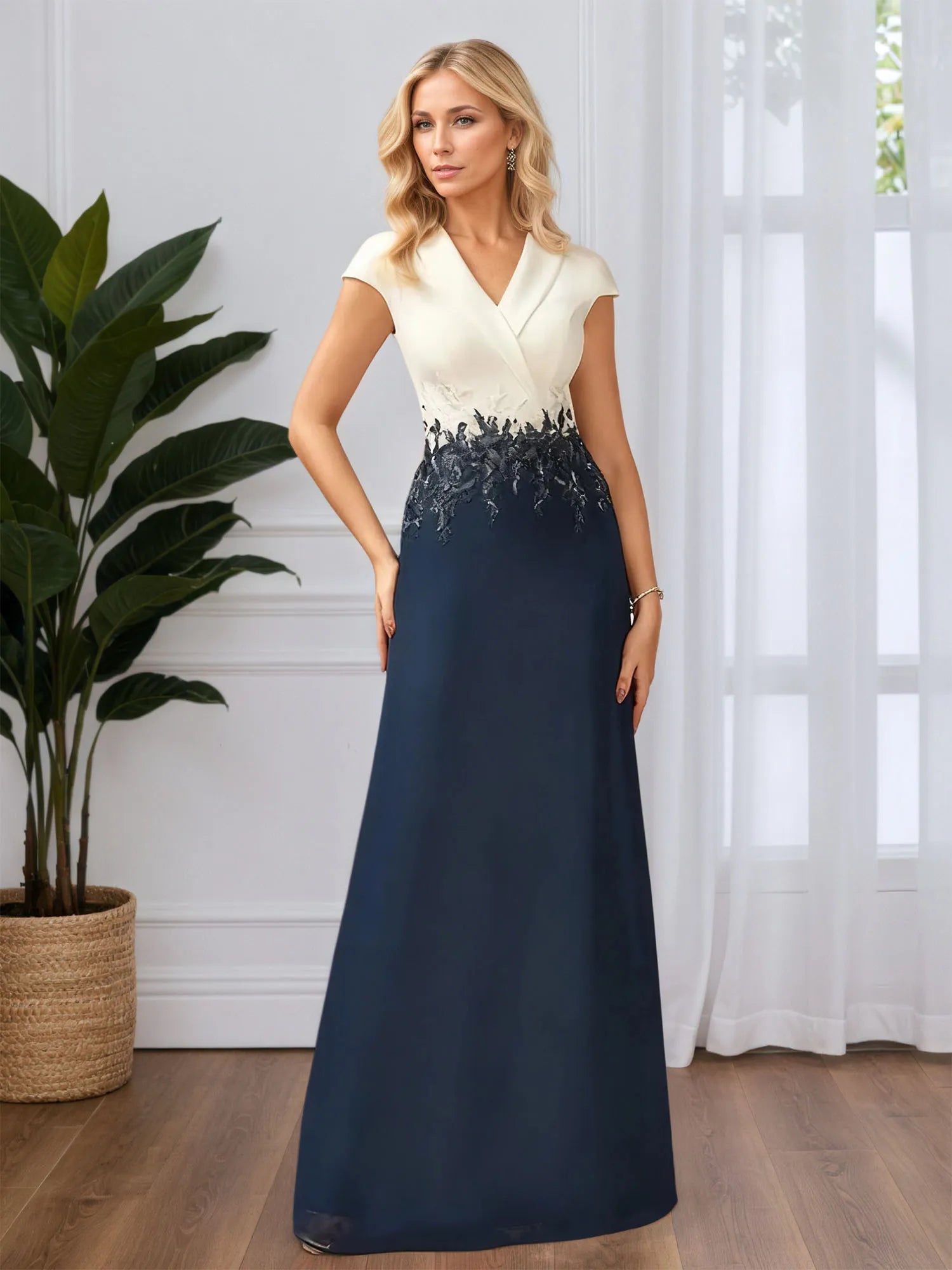 A-line V Neck Floor-Length Chiffon Evening Dress With Lace Appliques