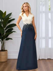 A-line V Neck Floor-Length Chiffon Evening Dress With Lace Appliques
