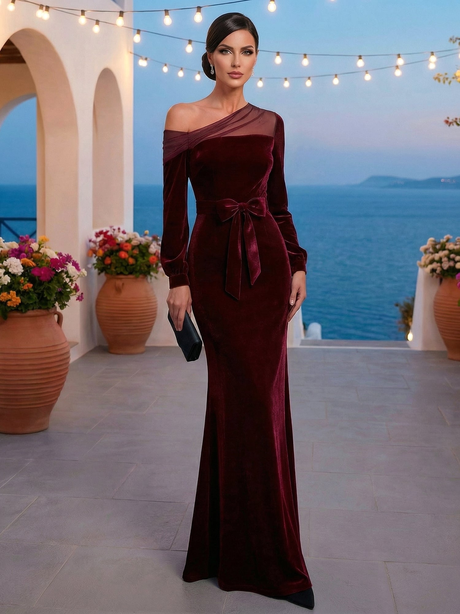 Evening Dress Burgundy Long Sleeves One Shoulder Velvet Maxi Dress