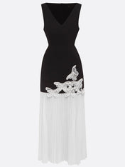 Black Pleated 3D Floral Classic V Neck Sleeveless Mermaid Maxi Dress