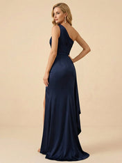 Navy Blue One-Shoulder with Ruched Bodice and High Slit