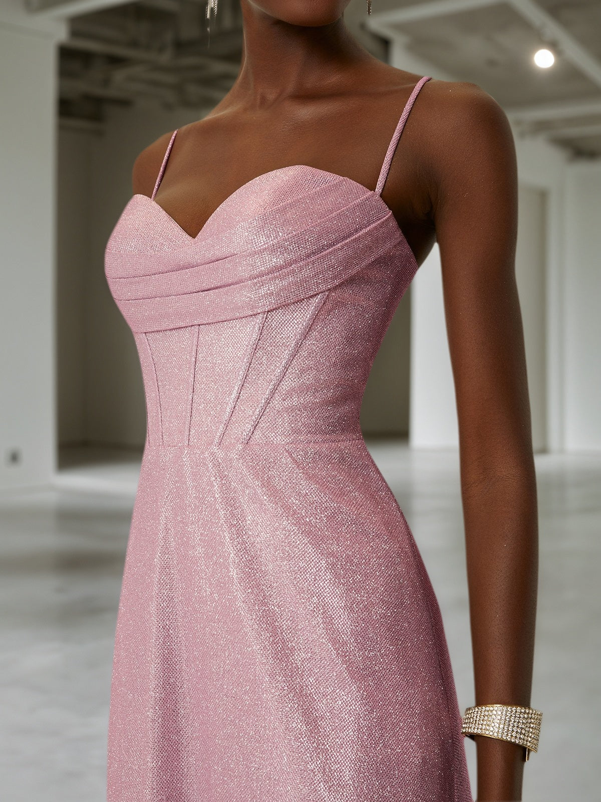 Light Pink Ruched Satin Spaghetti Corset A-Line Gown Dress