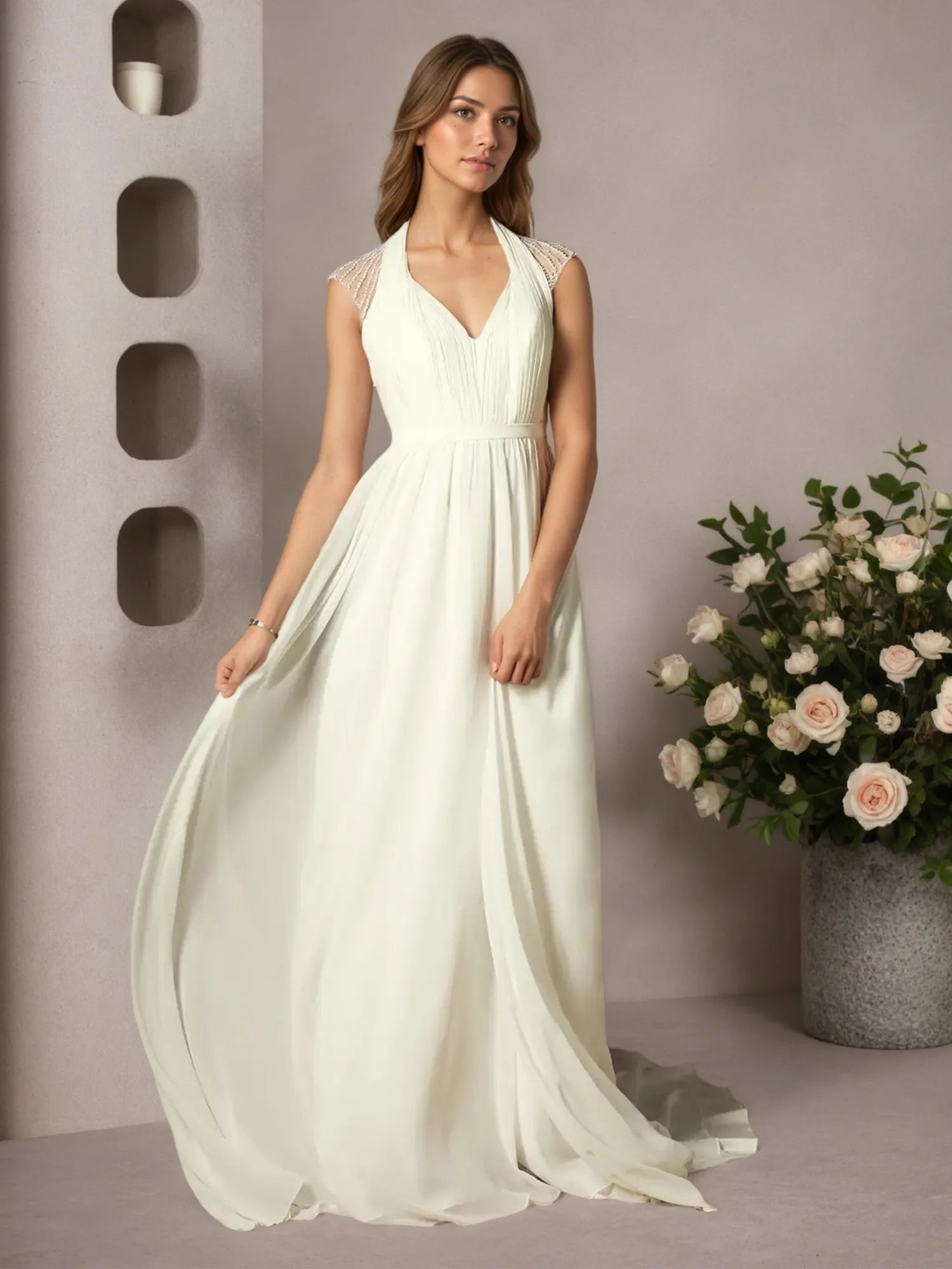 Cream A-Line Pleated Chiffon Dress