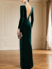 Formal Evening Dress Emerald Green Sheath V-Neck Velvet Maxi Dress with Slit