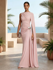 Pink One Shoulder Mermaid Pleat Maxi Dress with Ruffle